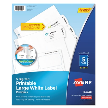 AVERY Big Tab Printable Large White Label Tab Dividers, 5-Tab, Letter, PK20 14440